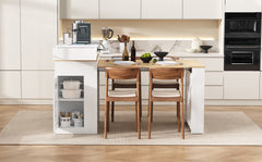 TREXM Extendable Dining Table with Folding Tabletop, Bar Table with Drawers and Power Outlet, Kitchen Island with Wheels and Hooks, Sideboard for Kitchen and Dining Room (Creamy White+Natural)