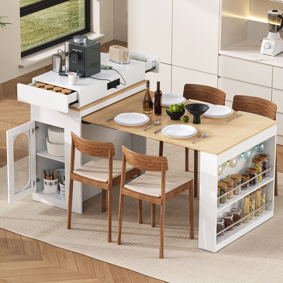 TREXM Extendable Dining Table with Folding Tabletop, Bar Table with Drawers and Power Outlet, Kitchen Island with Wheels and Hooks, Sideboard for Kitchen and Dining Room (Creamy White+Natural)