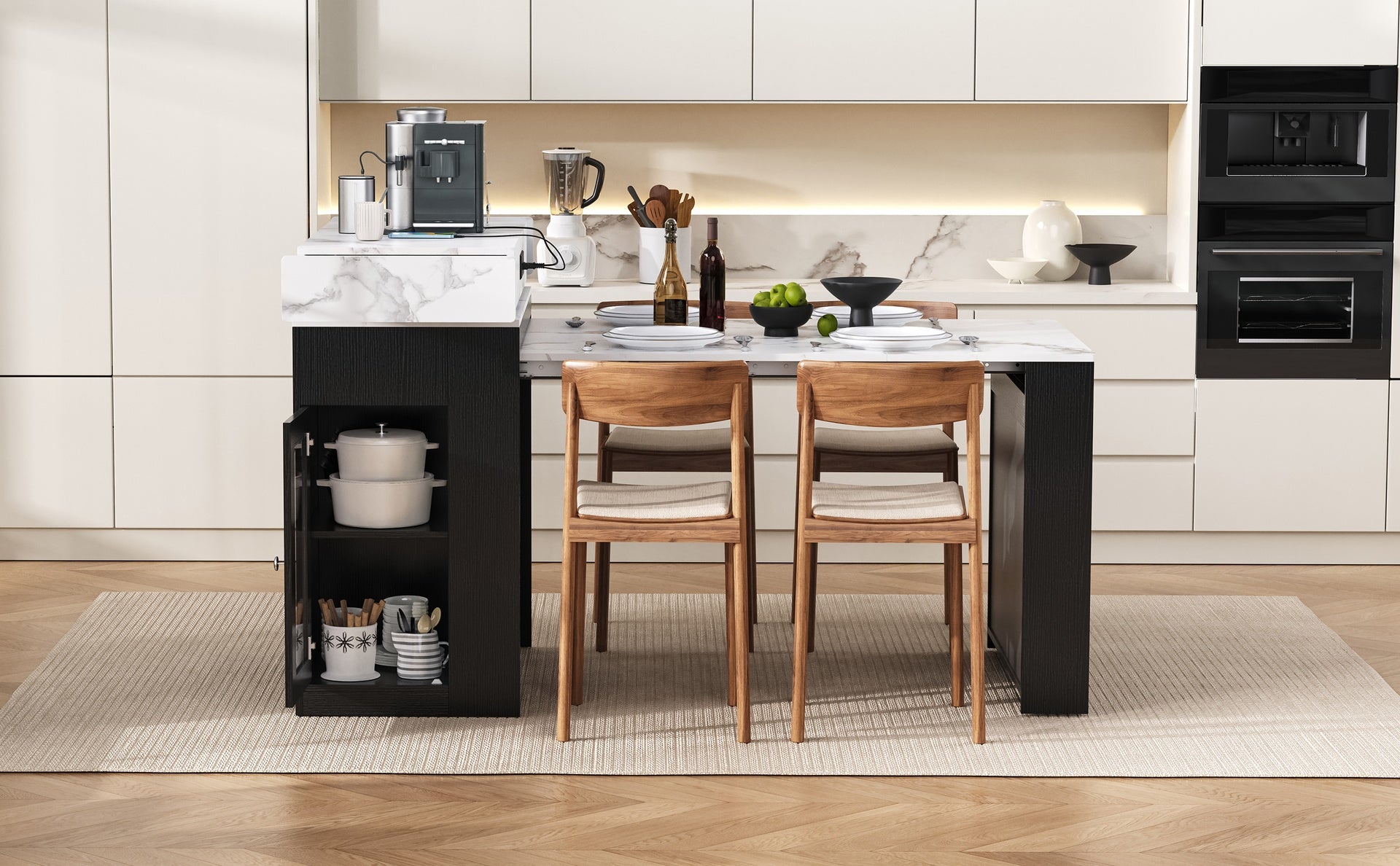 TREXM Extendable Dining Table with Folding Tabletop, Bar Table with Drawers and Power Outlet, Kitchen Island with Wheels and Hooks, Sideboard for Kitchen and Dining Room (Black+Marble White)