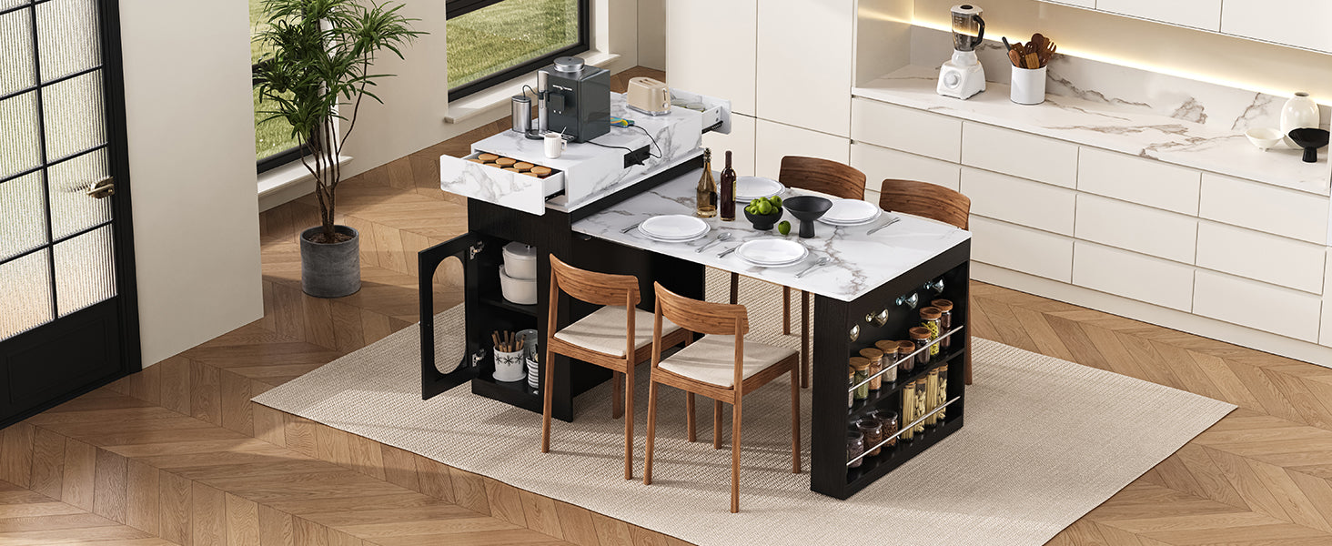 TREXM Extendable Dining Table with Folding Tabletop, Bar Table with Drawers and Power Outlet, Kitchen Island with Wheels and Hooks, Sideboard for Kitchen and Dining Room (Black+Marble White)