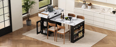 TREXM Extendable Dining Table with Folding Tabletop, Bar Table with Drawers and Power Outlet, Kitchen Island with Wheels and Hooks, Sideboard for Kitchen and Dining Room (Black+Marble White)