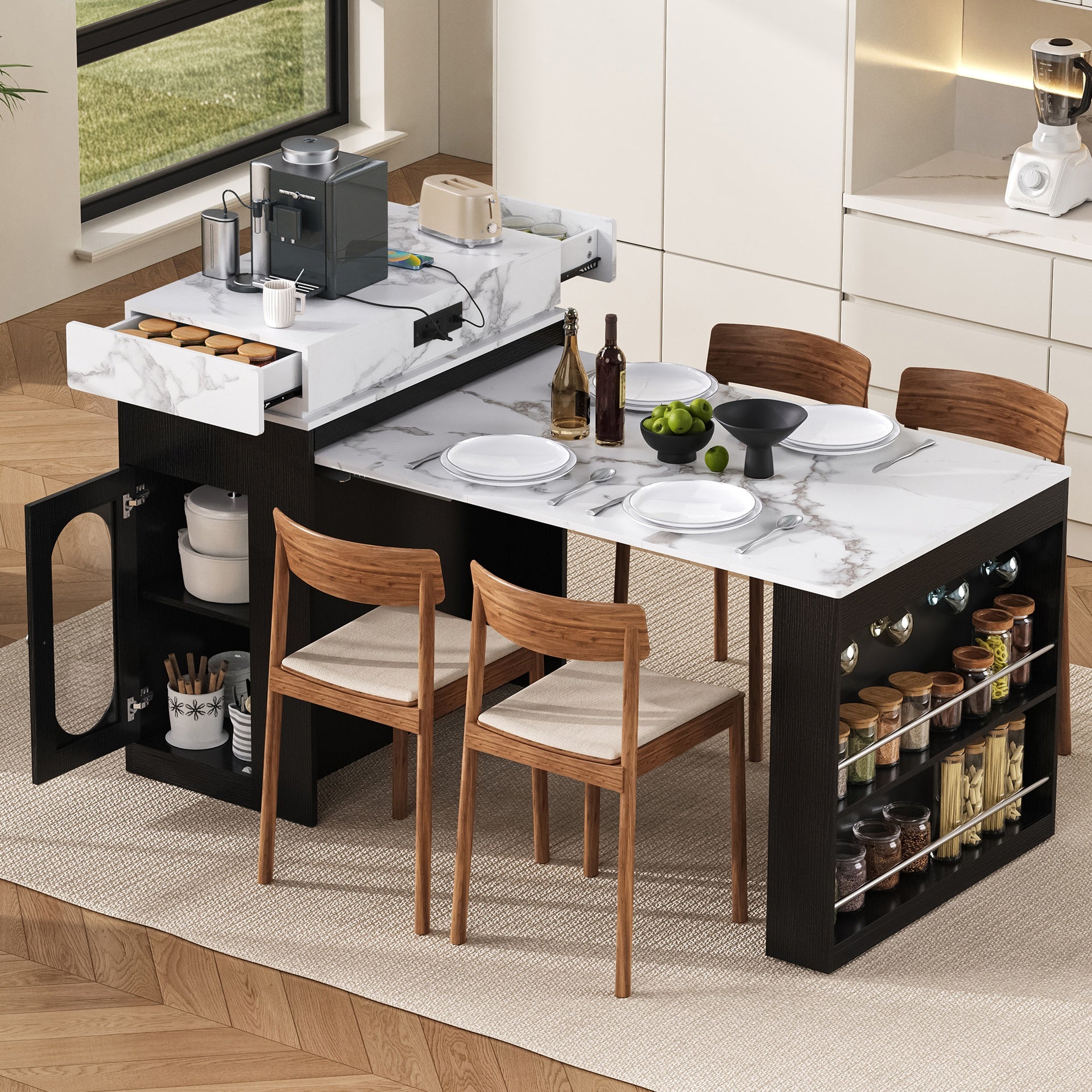 TREXM Extendable Dining Table with Folding Tabletop, Bar Table with Drawers and Power Outlet, Kitchen Island with Wheels and Hooks, Sideboard for Kitchen and Dining Room (Black+Marble White)