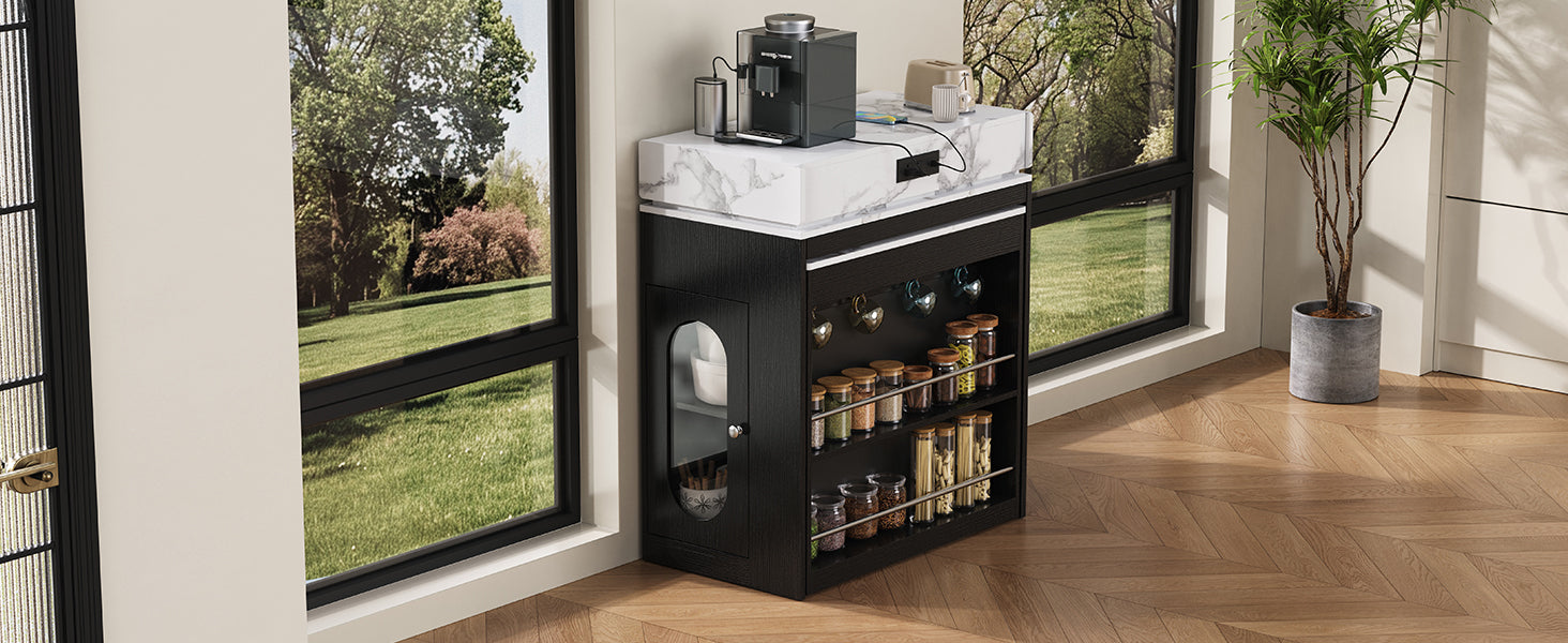 TREXM Extendable Dining Table with Folding Tabletop, Bar Table with Drawers and Power Outlet, Kitchen Island with Wheels and Hooks, Sideboard for Kitchen and Dining Room (Black+Marble White)