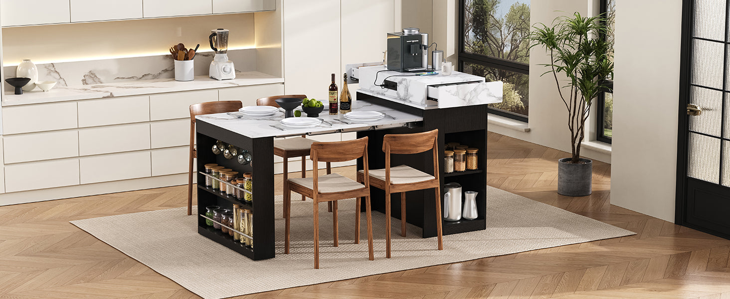 TREXM Extendable Dining Table with Folding Tabletop, Bar Table with Drawers and Power Outlet, Kitchen Island with Wheels and Hooks, Sideboard for Kitchen and Dining Room (Black+Marble White)
