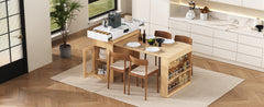 TREXM Extendable Dining Table with Folding Tabletop, Bar Table with Drawers and Power Outlet, Kitchen Island with Wheels and Hooks, Sideboard for Kitchen and Dining Room (Natural+Creamy White)