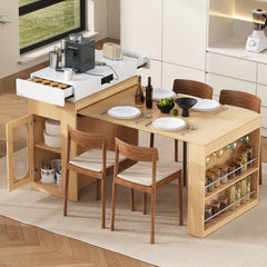 TREXM Extendable Dining Table with Folding Tabletop, Bar Table with Drawers and Power Outlet, Kitchen Island with Wheels and Hooks, Sideboard for Kitchen and Dining Room (Natural+Creamy White)