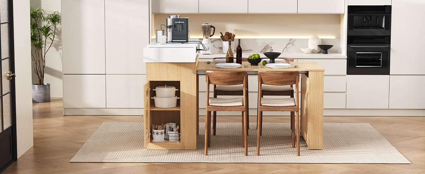 TREXM Extendable Dining Table with Folding Tabletop, Bar Table with Drawers and Power Outlet, Kitchen Island with Wheels and Hooks, Sideboard for Kitchen and Dining Room (Natural+Creamy White)