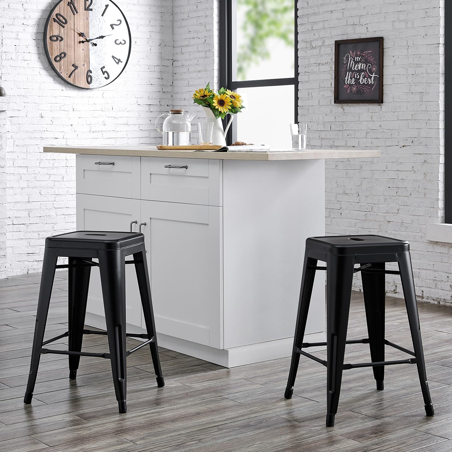 Backless Modern Light Weight Industrial Contemporary Rustic Vintage Costal Metal Bar Stools Without Back and 4 Leg Design (Set of 2) (24" Seat, Distressed Black)