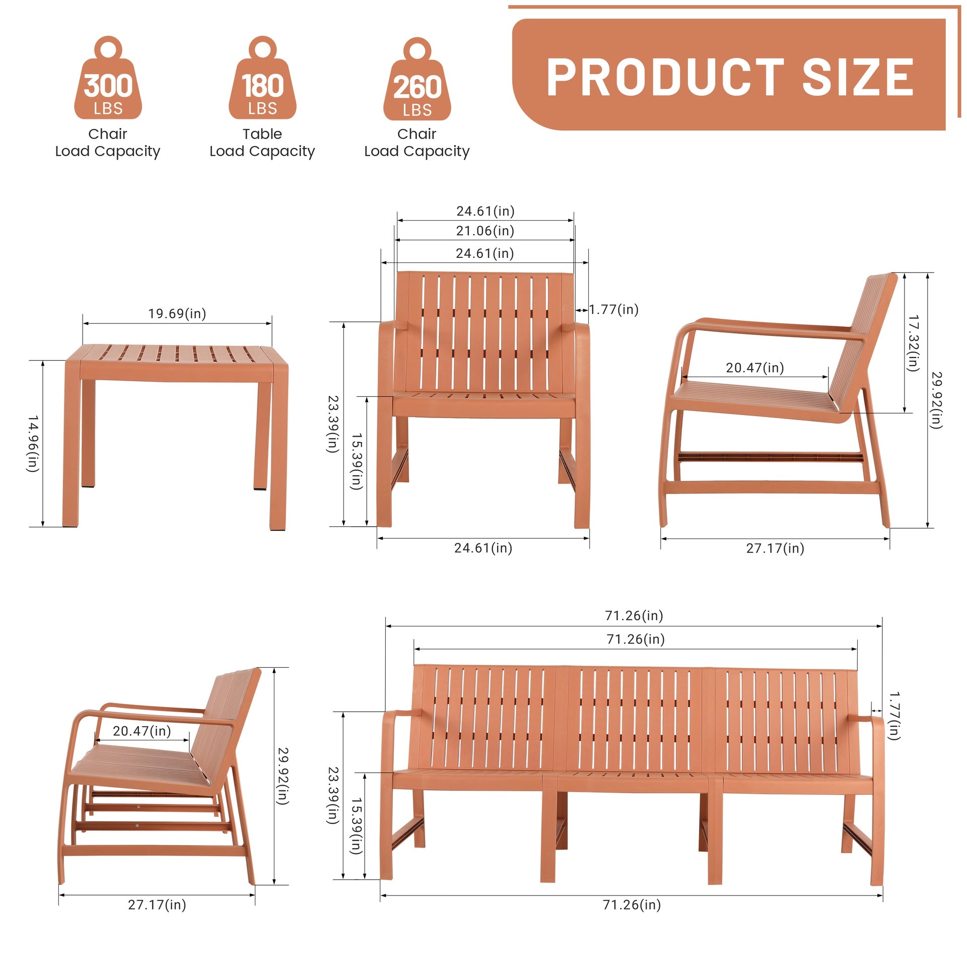 Holiday - 5-Piece Indoor/Outdoor Furniture Set - 3-Seater Sofa,2 Chairs & 2 Coffee Tables Waterproof PP Material- Easy Assembly Patio Conversation Set (Apricot Brown )