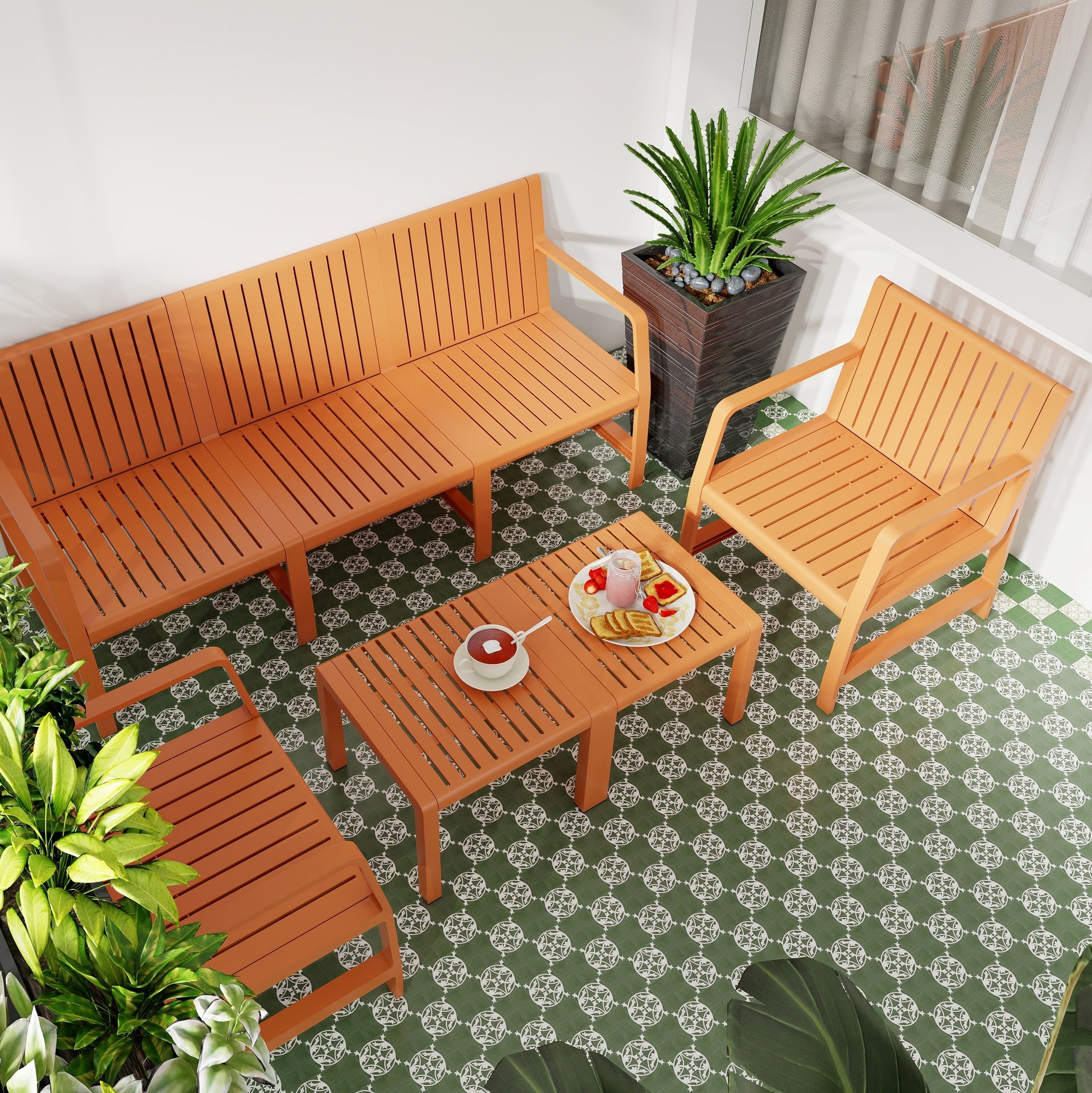 Holiday - 5-Piece Indoor/Outdoor Furniture Set - 3-Seater Sofa,2 Chairs & 2 Coffee Tables Waterproof PP Material- Easy Assembly Patio Conversation Set (Apricot Brown )