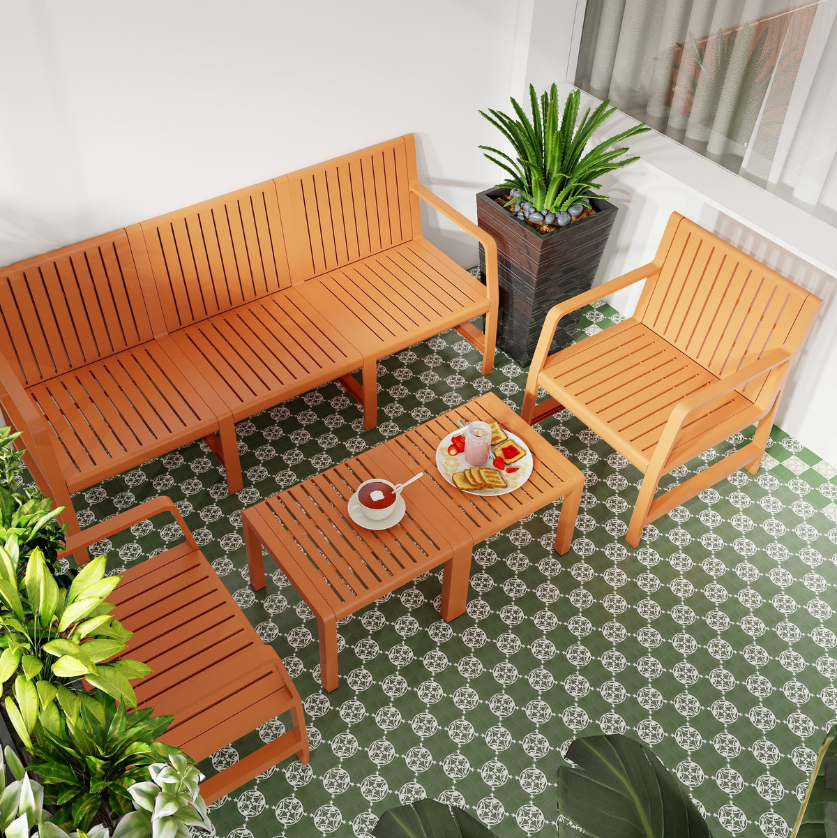 Holiday - 5-Piece Indoor/Outdoor Furniture Set - 3-Seater Sofa,2 Chairs & 2 Coffee Tables Waterproof PP Material- Easy Assembly Patio Conversation Set (Apricot Brown )