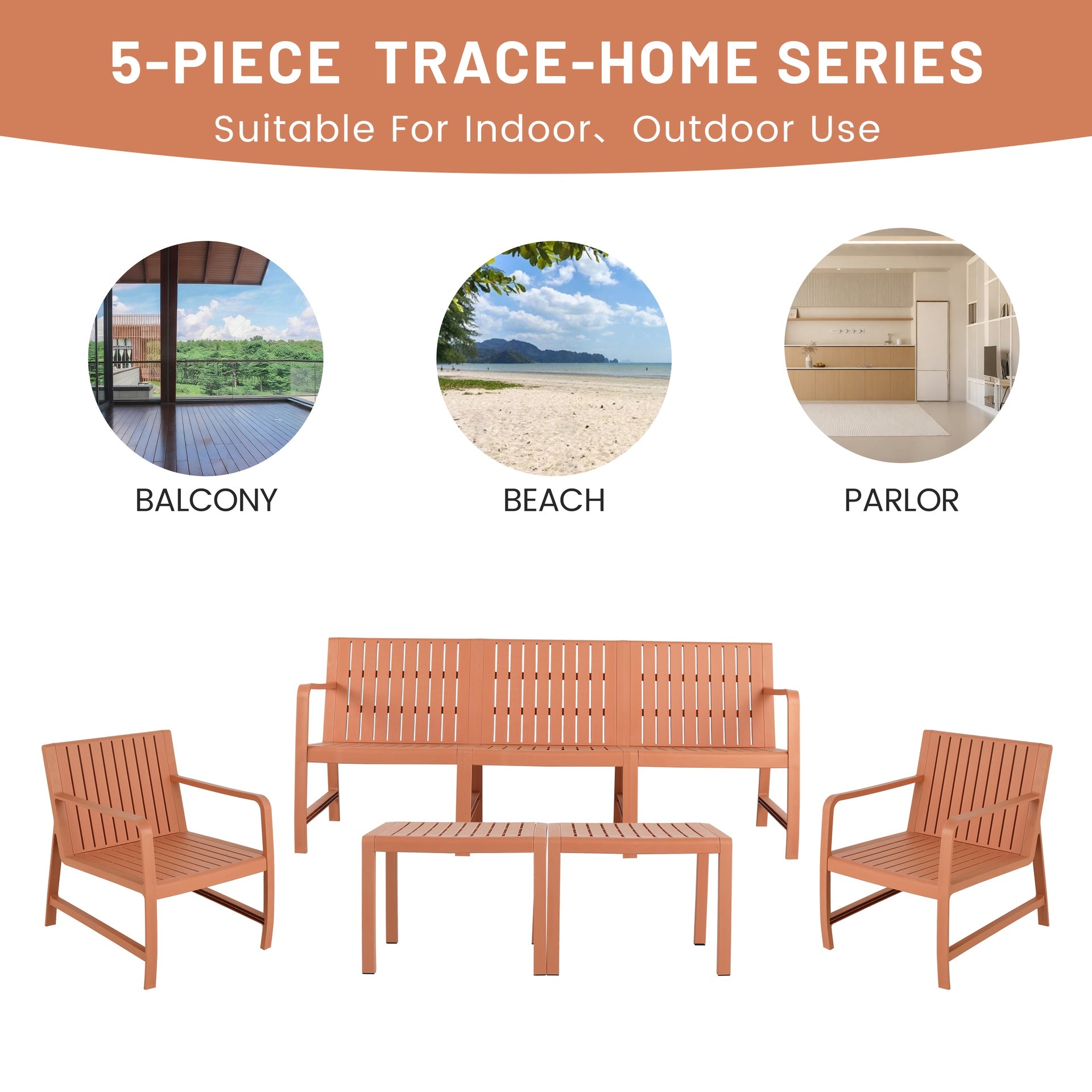 Holiday - 5-Piece Indoor/Outdoor Furniture Set - 3-Seater Sofa,2 Chairs & 2 Coffee Tables Waterproof PP Material- Easy Assembly Patio Conversation Set (Apricot Brown )