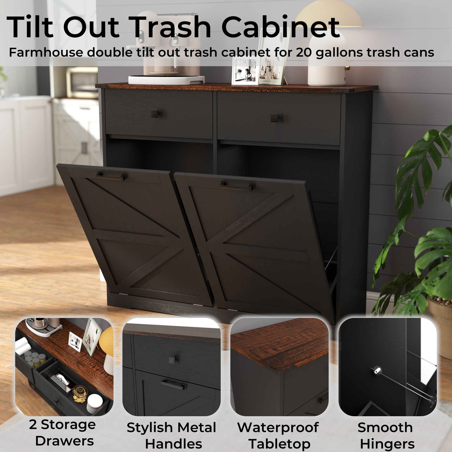 Farmhouse Black Double Tilt Out Trash Cabinet for 20 Gallon Trash Cans, Free Standing Recycling Cabinet with Hideaway Drawer, Barn Door Style Laundry Sorter Cabinet, Tilt Out Trash Cabinet for Kitchen