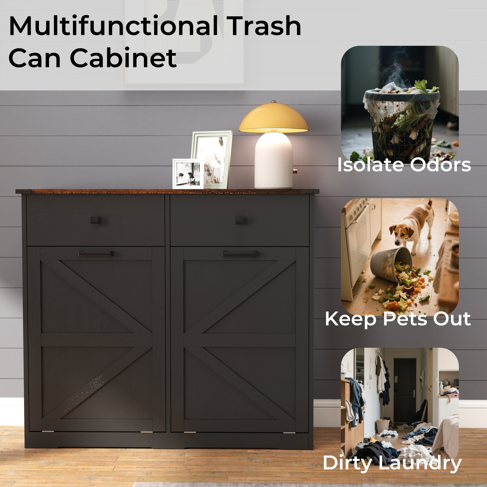 Farmhouse Black Double Tilt Out Trash Cabinet for 20 Gallon Trash Cans, Free Standing Recycling Cabinet with Hideaway Drawer, Barn Door Style Laundry Sorter Cabinet, Tilt Out Trash Cabinet for Kitchen