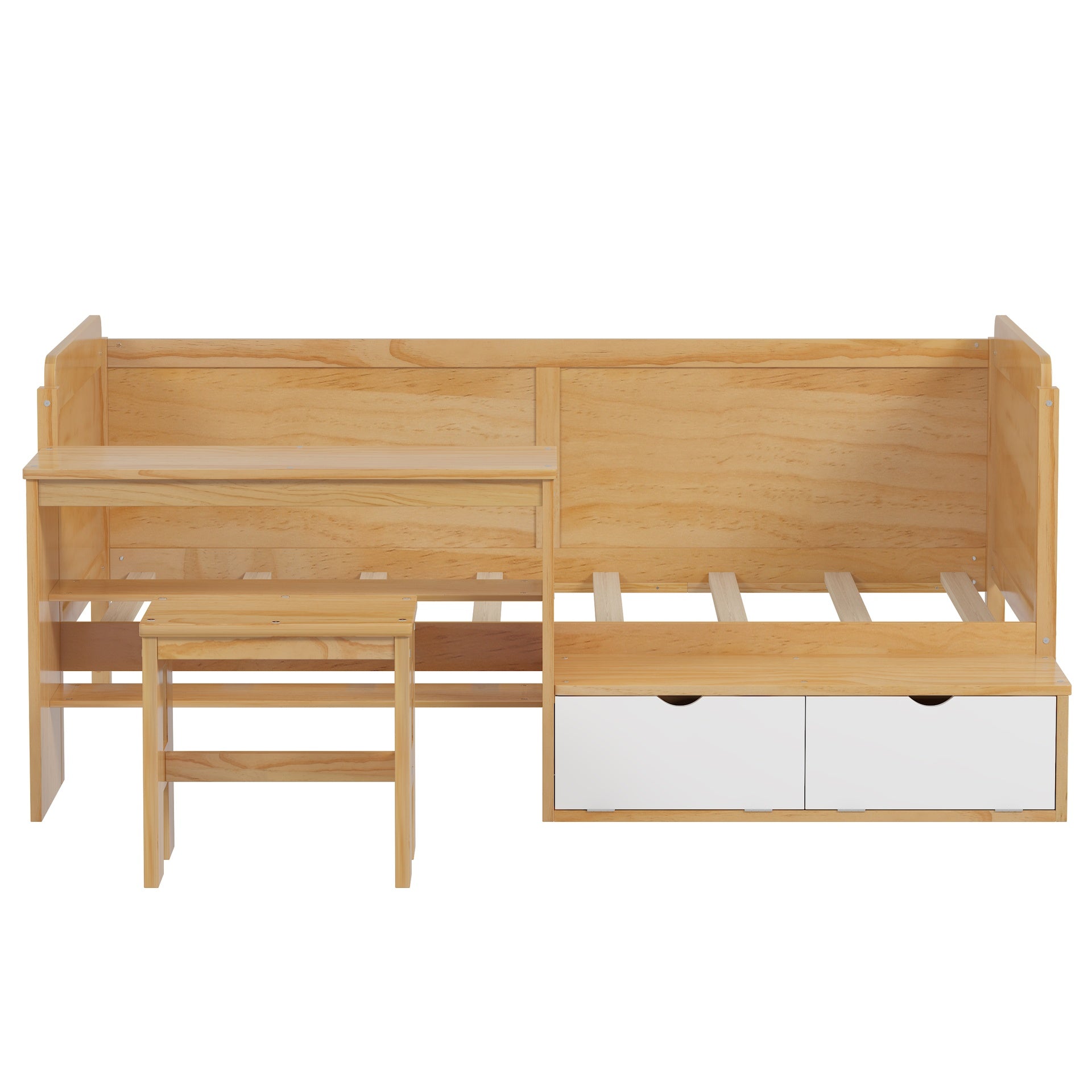 Wooden Twin Size Daybed with Storage Shelves and Lockers, Multi-functional Bed with Study Desk and Matching Stool, Natural
