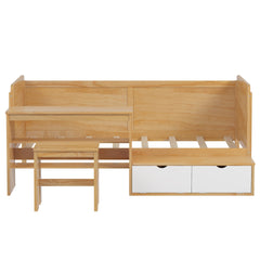 Wooden Twin Size Daybed with Storage Shelves and Lockers, Multi-functional Bed with Study Desk and Matching Stool, Natural