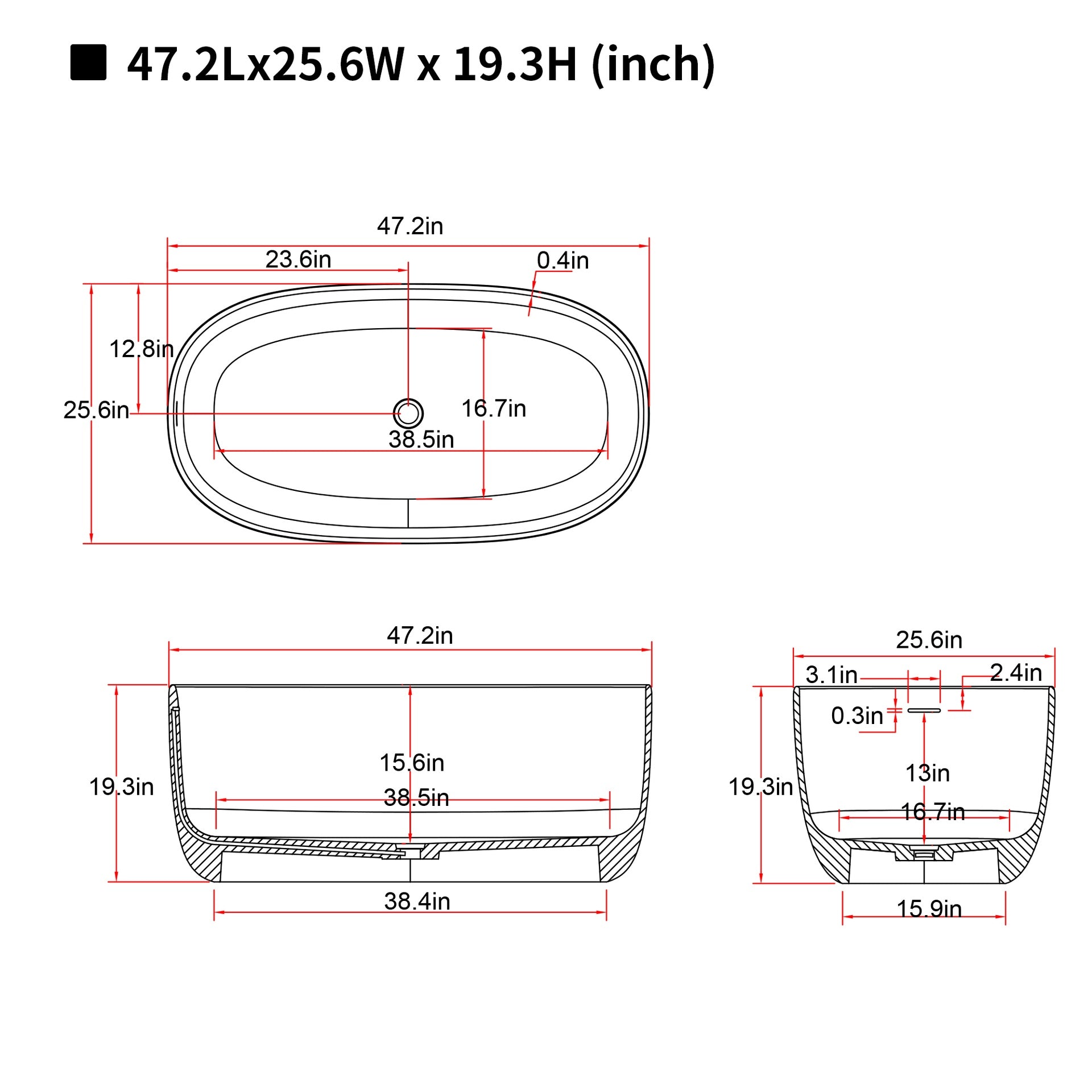 47'' Freestanding Bathtub Resin Stone Soaking Bathtub Solid Surface Modern Tubs with Overflow and Pop-up Drain