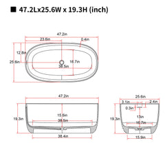 47'' Freestanding Bathtub Resin Stone Soaking Bathtub Solid Surface Modern Tubs with Overflow and Pop-up Drain