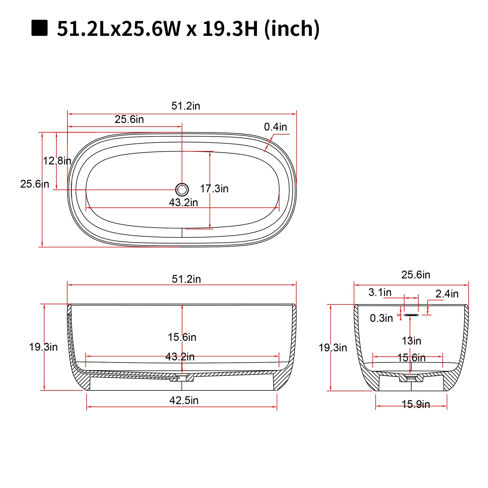 51'' Freestanding Bathtub Resin Stone Soaking Bathtub Solid Surface Modern Tubs with Overflow and Pop-up Drain