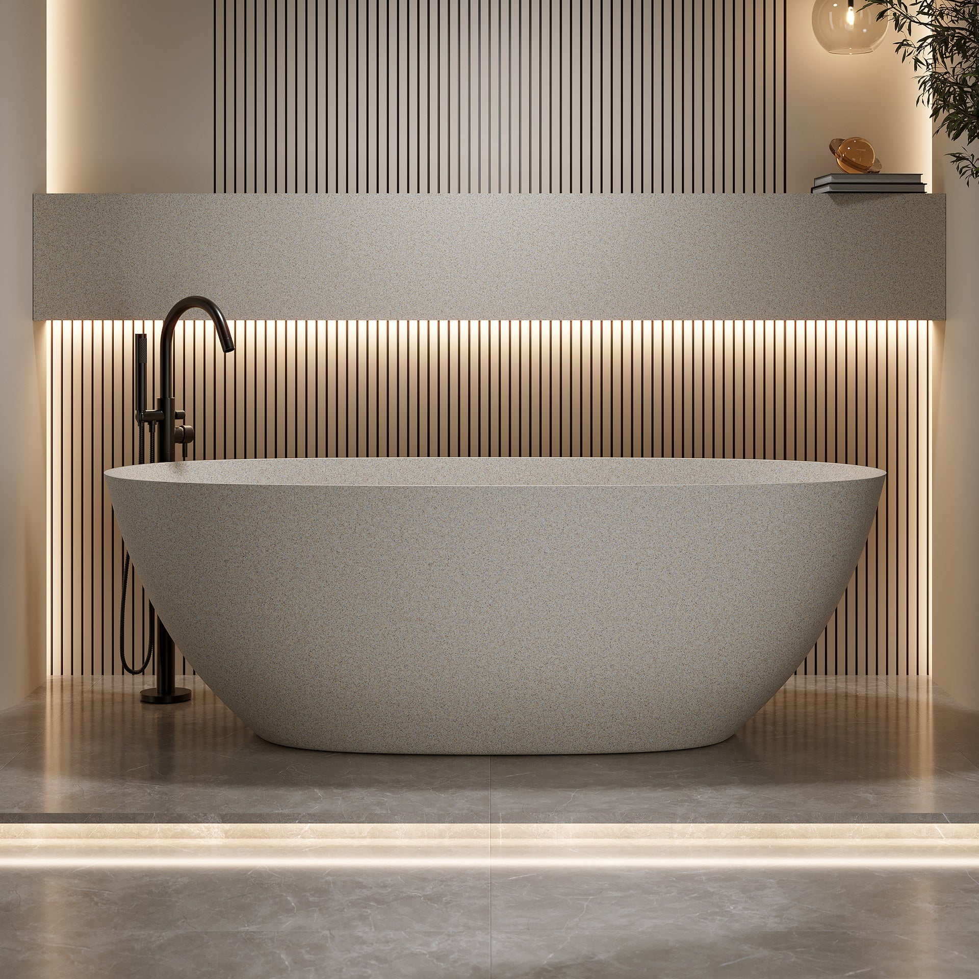 57'' Freestanding Bathtub Resin Stone Soaking Bathtub Solid Surface Modern Tubs with Overflow and Pop-up Drain