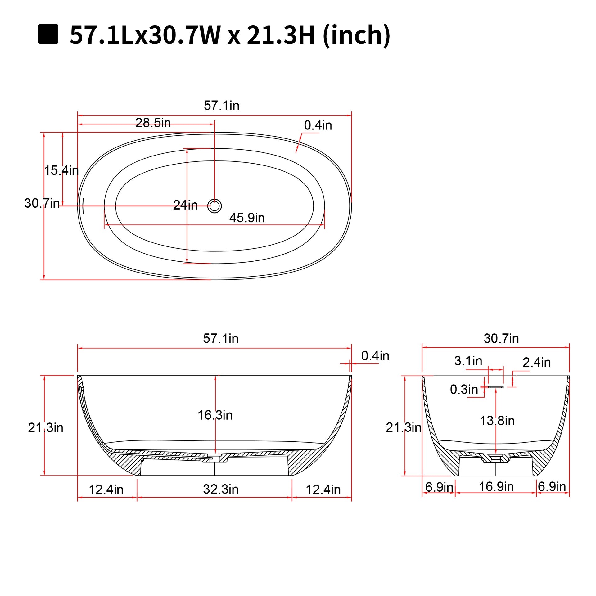 57'' Freestanding Bathtub Resin Stone Soaking Bathtub Solid Surface Modern Tubs with Overflow and Pop-up Drain
