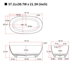 57'' Freestanding Bathtub Resin Stone Soaking Bathtub Solid Surface Modern Tubs with Overflow and Pop-up Drain