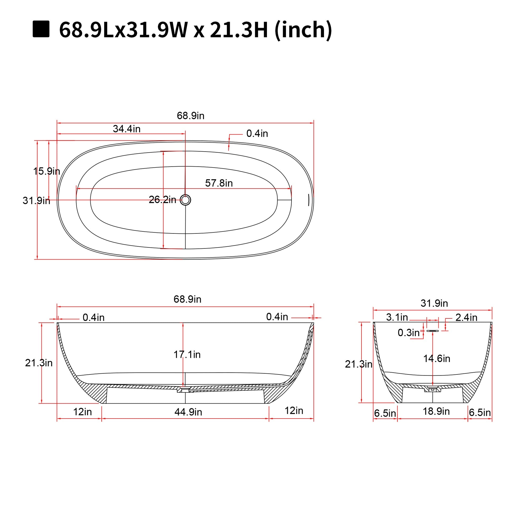 69'' Freestanding Bathtub Resin Stone Soaking Bathtub Solid Surface Modern Tubs with Overflow and Pop-up Drain