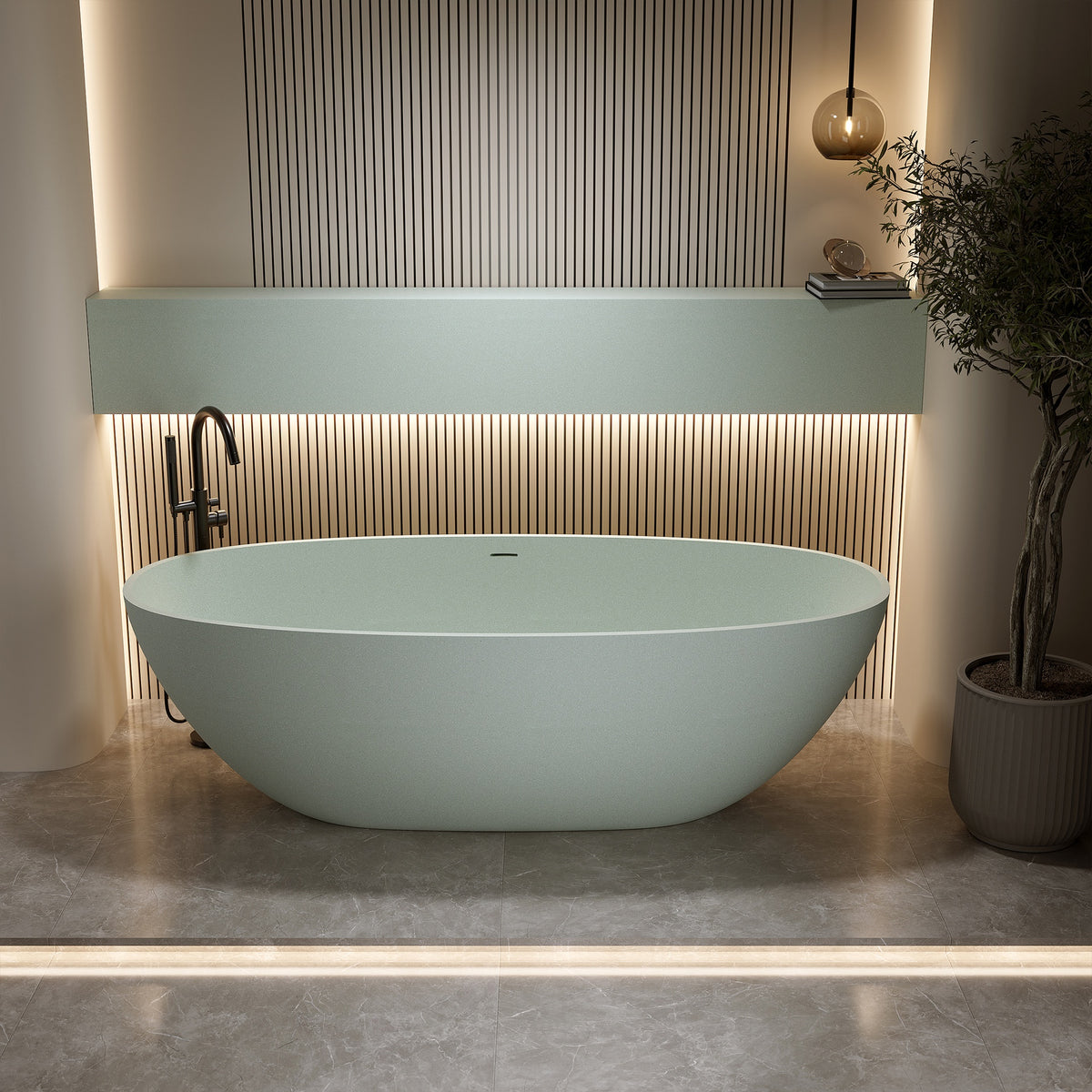 55' Freestanding Bathtub Resin Stone Soaking Bathtub Solid Surface Modern Tubs with Overflow and Pop-up Drain