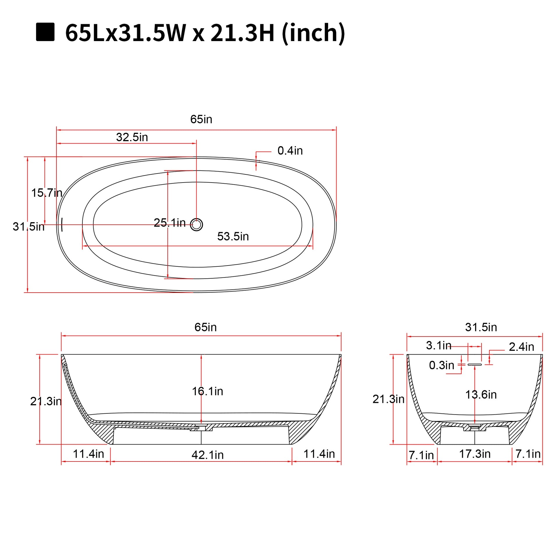 65'' Freestanding Bathtub Resin Stone Soaking Bathtub Solid Surface Modern Tubs with Overflow and Pop-up Drain