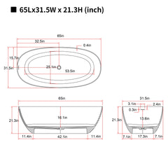 65'' Freestanding Bathtub Resin Stone Soaking Bathtub Solid Surface Modern Tubs with Overflow and Pop-up Drain