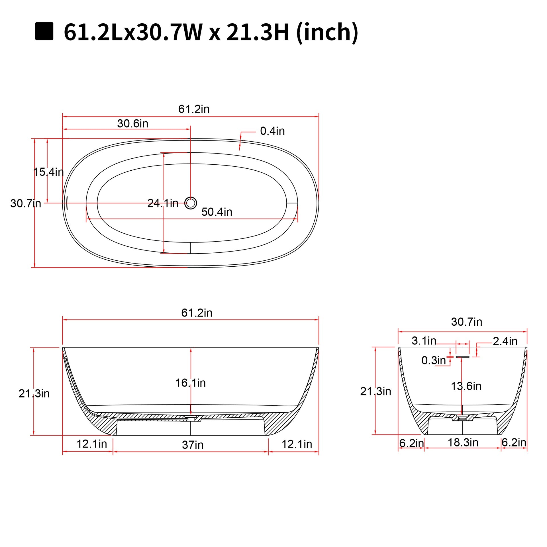 61'' Freestanding Bathtub Resin Stone Soaking Bathtub Solid Surface Modern Tubs with Overflow and Pop-up Drain