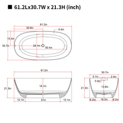 61'' Freestanding Bathtub Resin Stone Soaking Bathtub Solid Surface Modern Tubs with Overflow and Pop-up Drain
