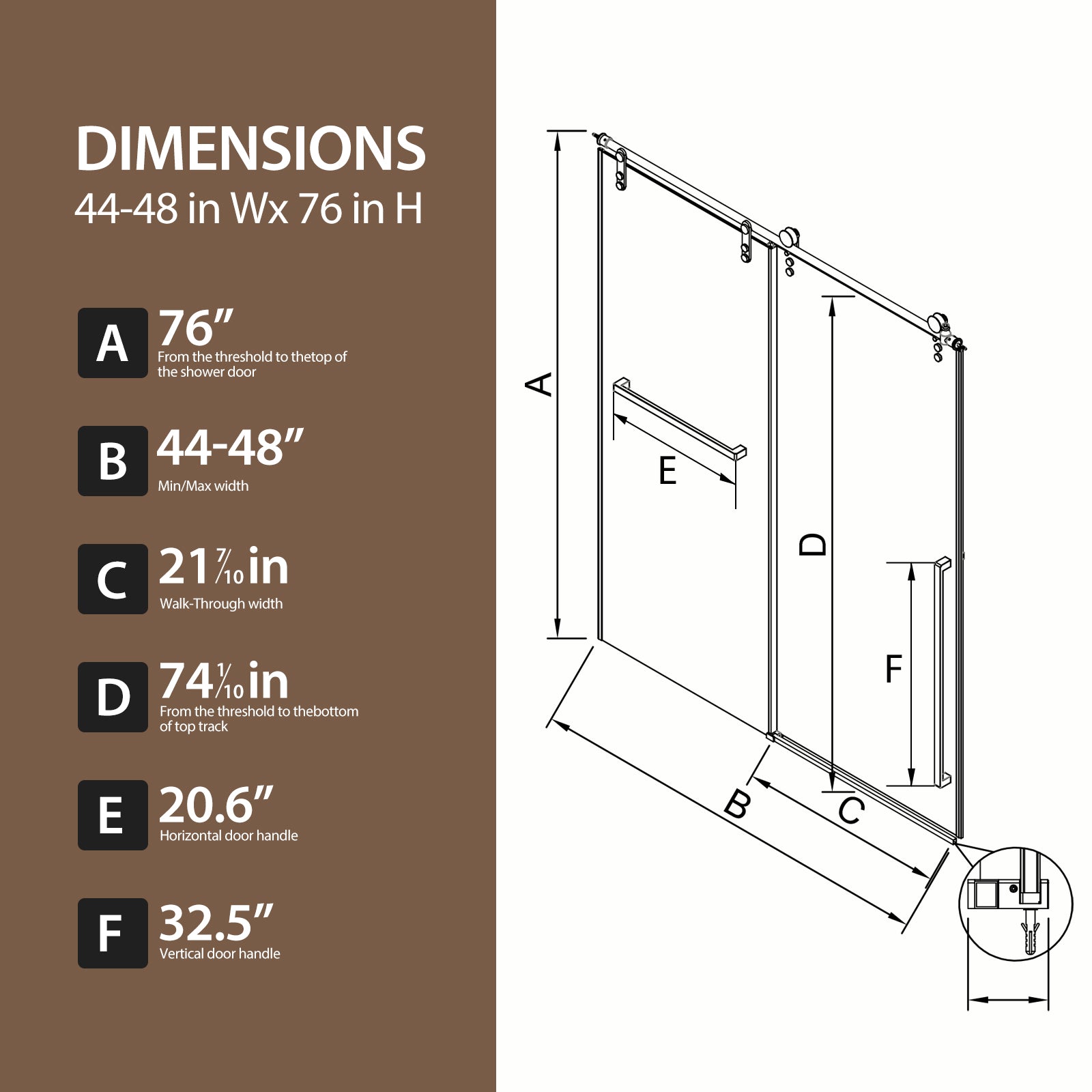 44"-48" W x 76" H Frameless Sliding Shower Door, Brushed Nickel Shower Screen, 5/16" (8mm) Clear Tempered Glass With Explosion-proof Film