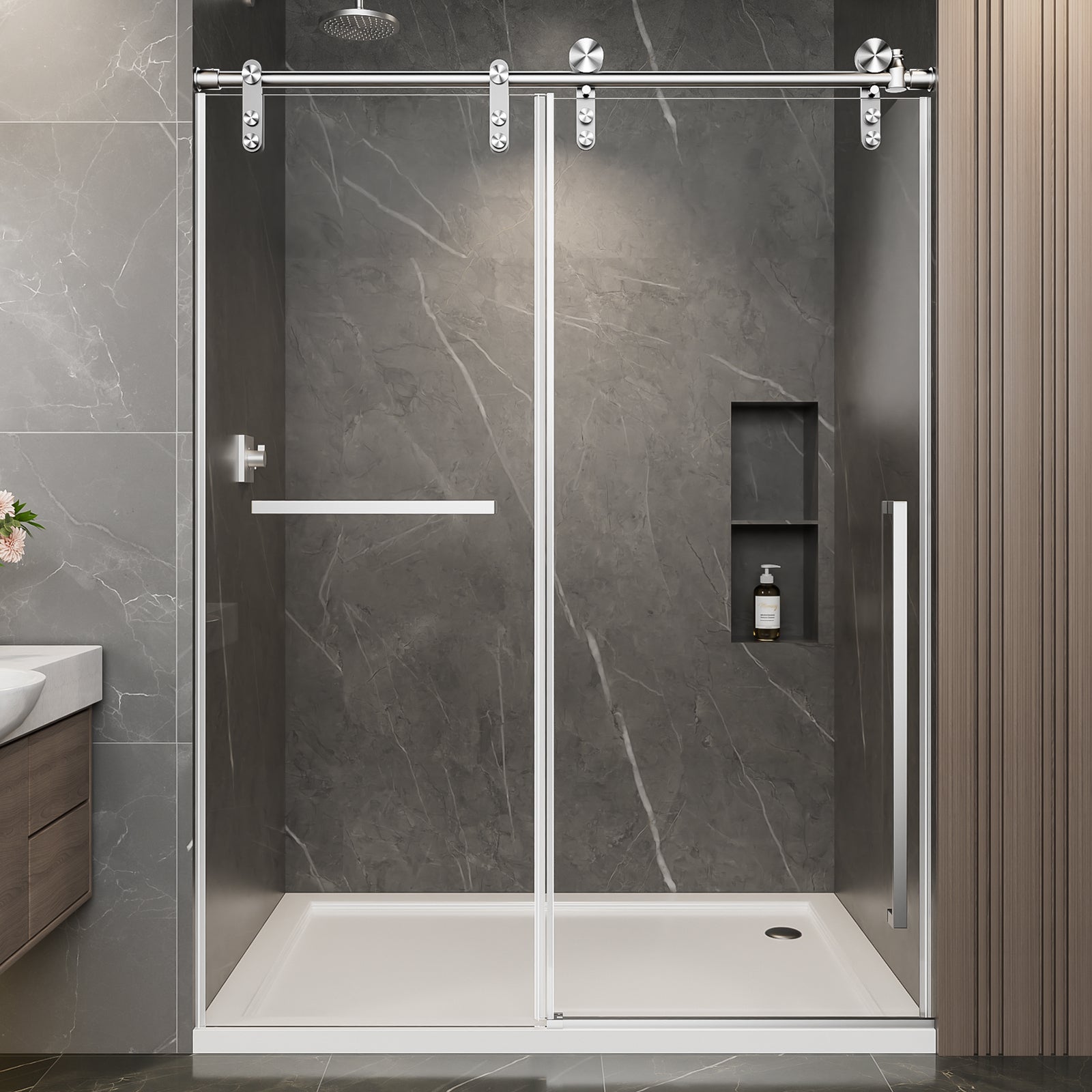 44"-48" W x 76" H Frameless Sliding Shower Door, Brushed Nickel Shower Screen, 5/16" (8mm) Clear Tempered Glass With Explosion-proof Film