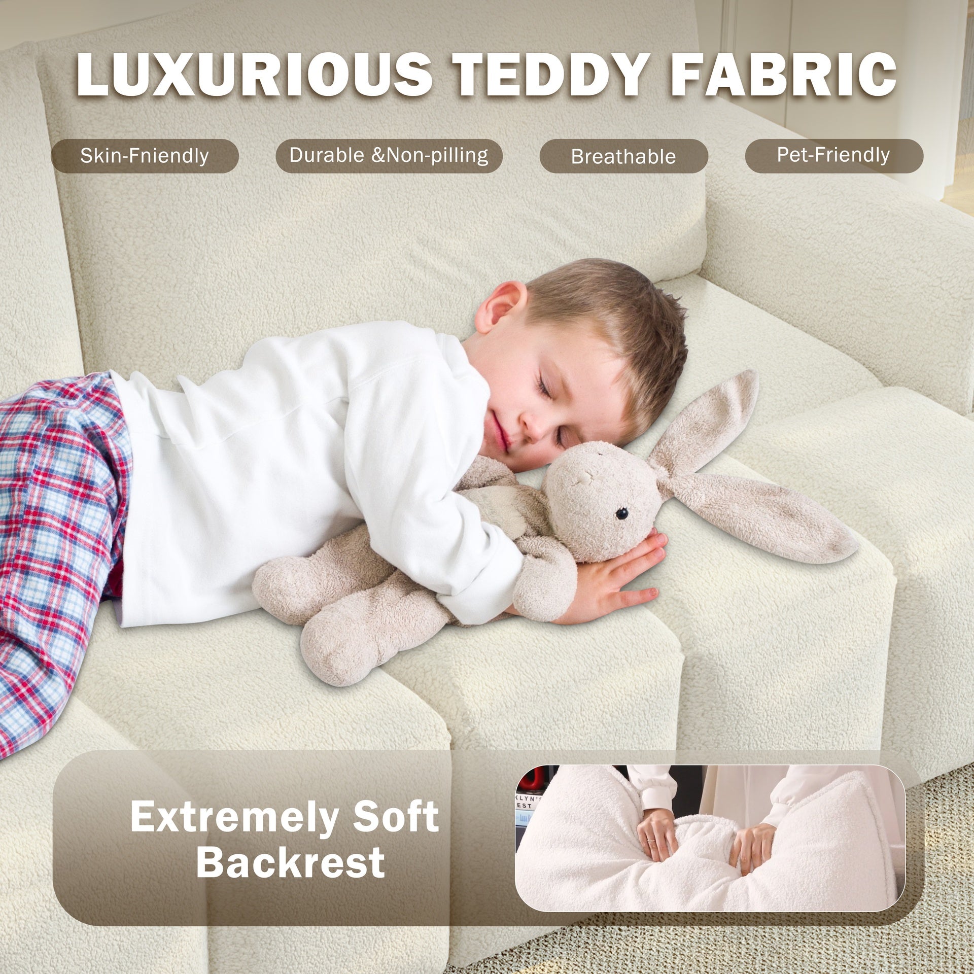 90.2" Comfy 4-Seater Modern Teddy Fabric Couch with Seats Storage, King Size 3-in-1 Convertible Sleeper Sofa Bed for Living Room,Office,Apartment,Beige/White(Old SKU:W1885S00249)