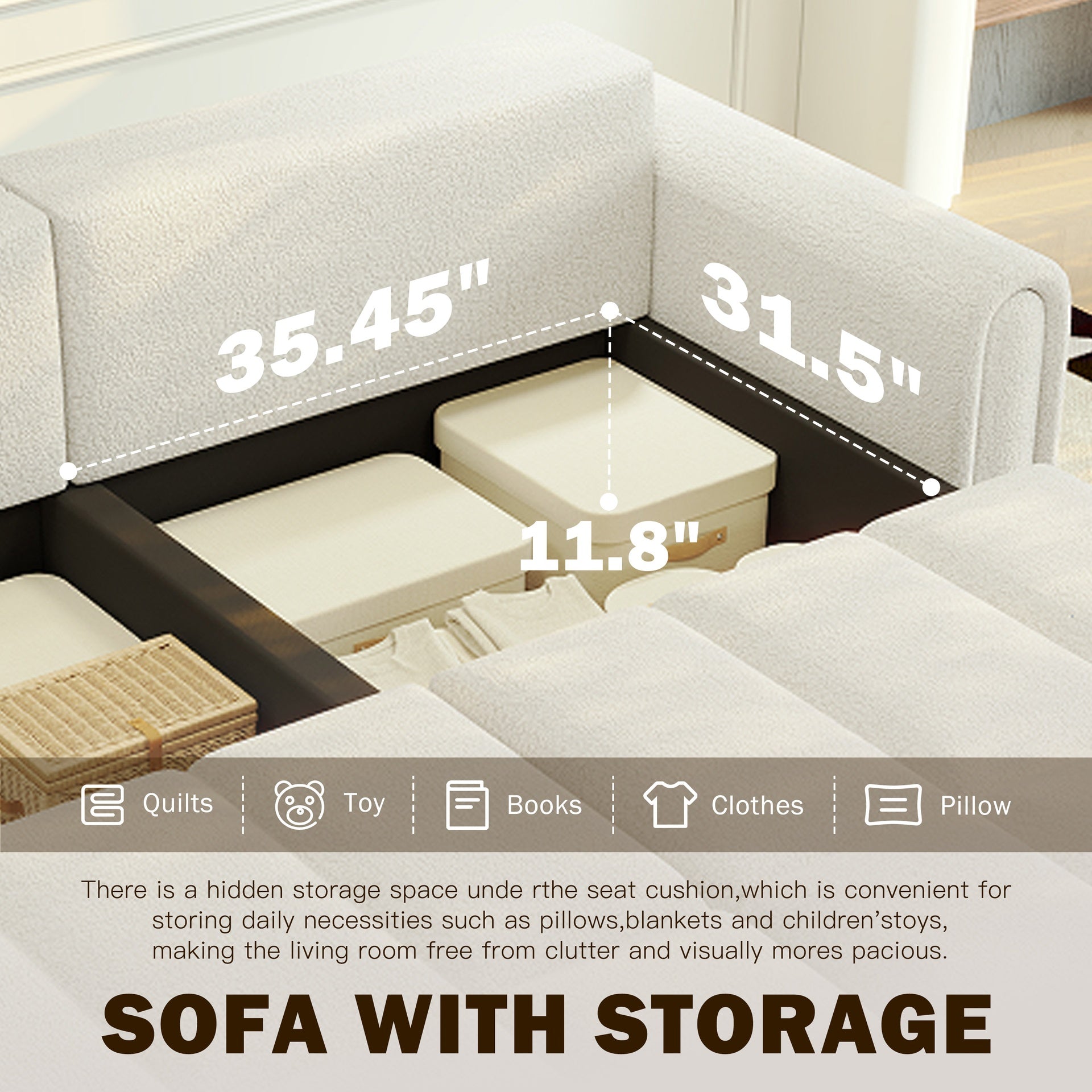90.2" Comfy 4-Seater Modern Teddy Fabric Couch with Seats Storage, King Size 3-in-1 Convertible Sleeper Sofa Bed for Living Room,Office,Apartment,Beige/White(Old SKU:W1885S00249)