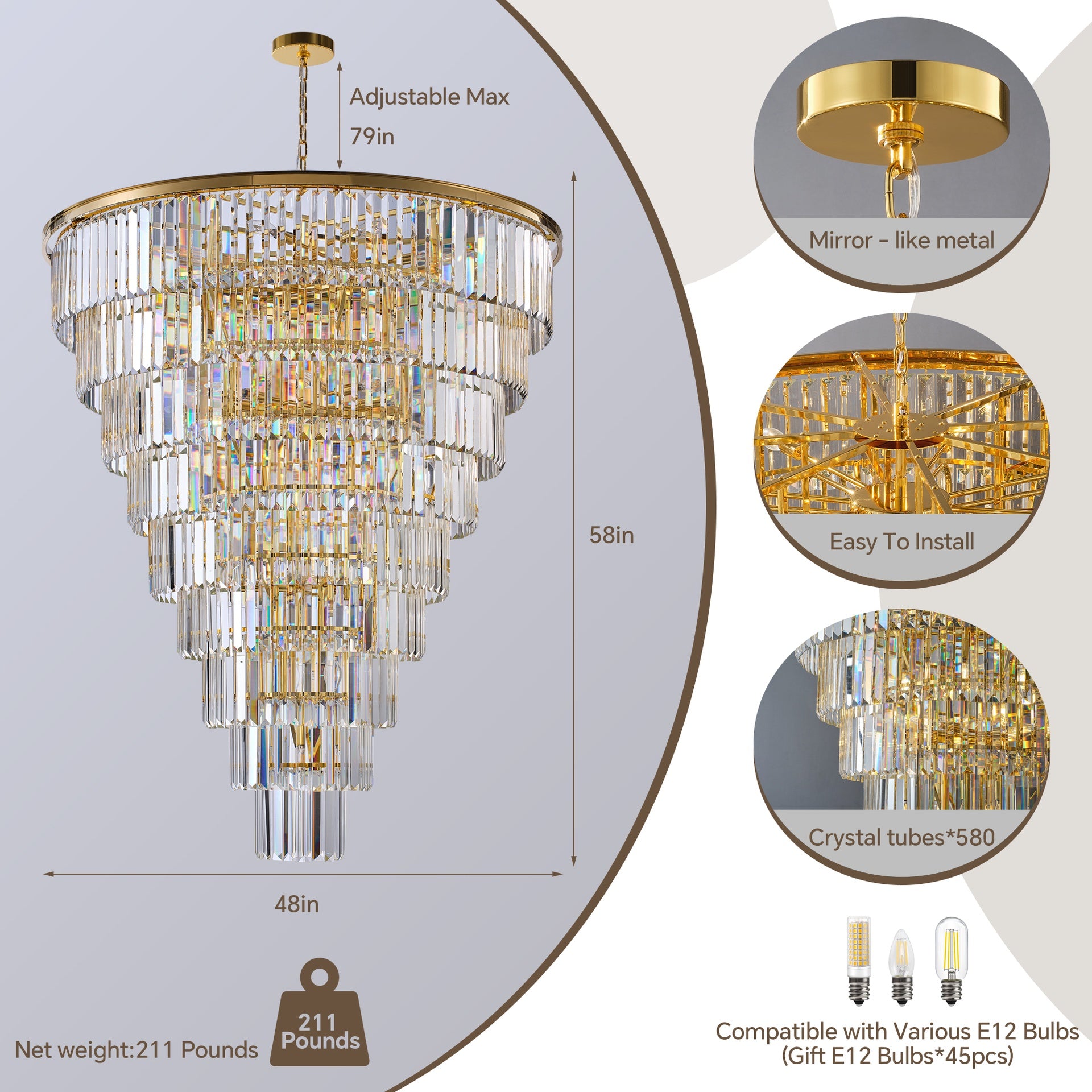 48-Inch Gold Tiered Crystal Tube Chandelier, 45-Light E12 Pendant with 580 Crystal Rods, Mirror-Polished Metal Frame, Adjustable 79" Chain, LED Bulbs Included