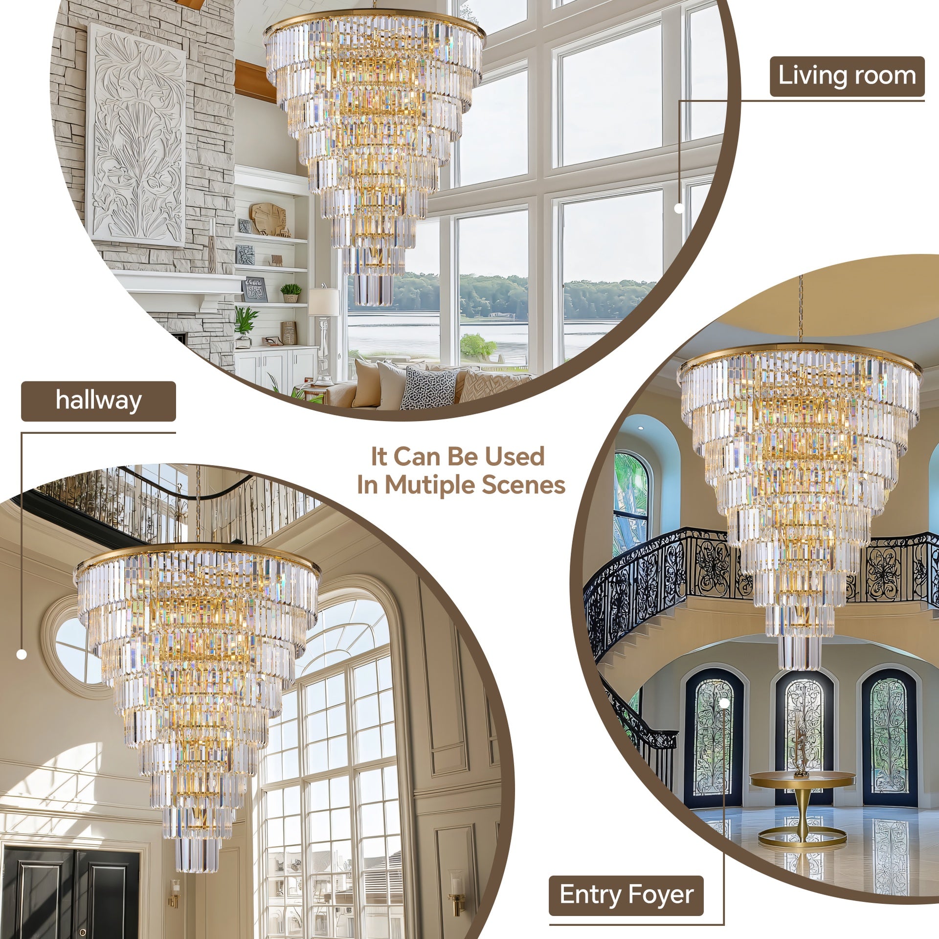 48-Inch Gold Tiered Crystal Tube Chandelier, 45-Light E12 Pendant with 580 Crystal Rods, Mirror-Polished Metal Frame, Adjustable 79" Chain, LED Bulbs Included