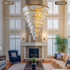 48-Inch Gold Tiered Crystal Tube Chandelier, 45-Light E12 Pendant with 580 Crystal Rods, Mirror-Polished Metal Frame, Adjustable 79" Chain, LED Bulbs Included