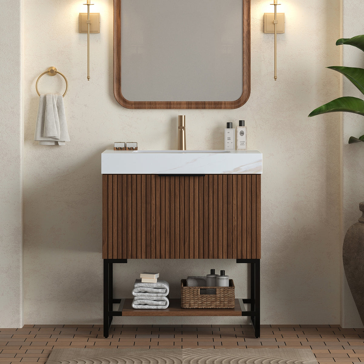 YOLAN 30" Bathroom Vanity&Sink, Freestanding Striped Plywood Storage Cabinet with Drawer&Open Shelf, Calacatta Gold Sintered Stone Top&Undermount Ceramic Basin, Pre-assembled, Dark Walnut Woodgrain