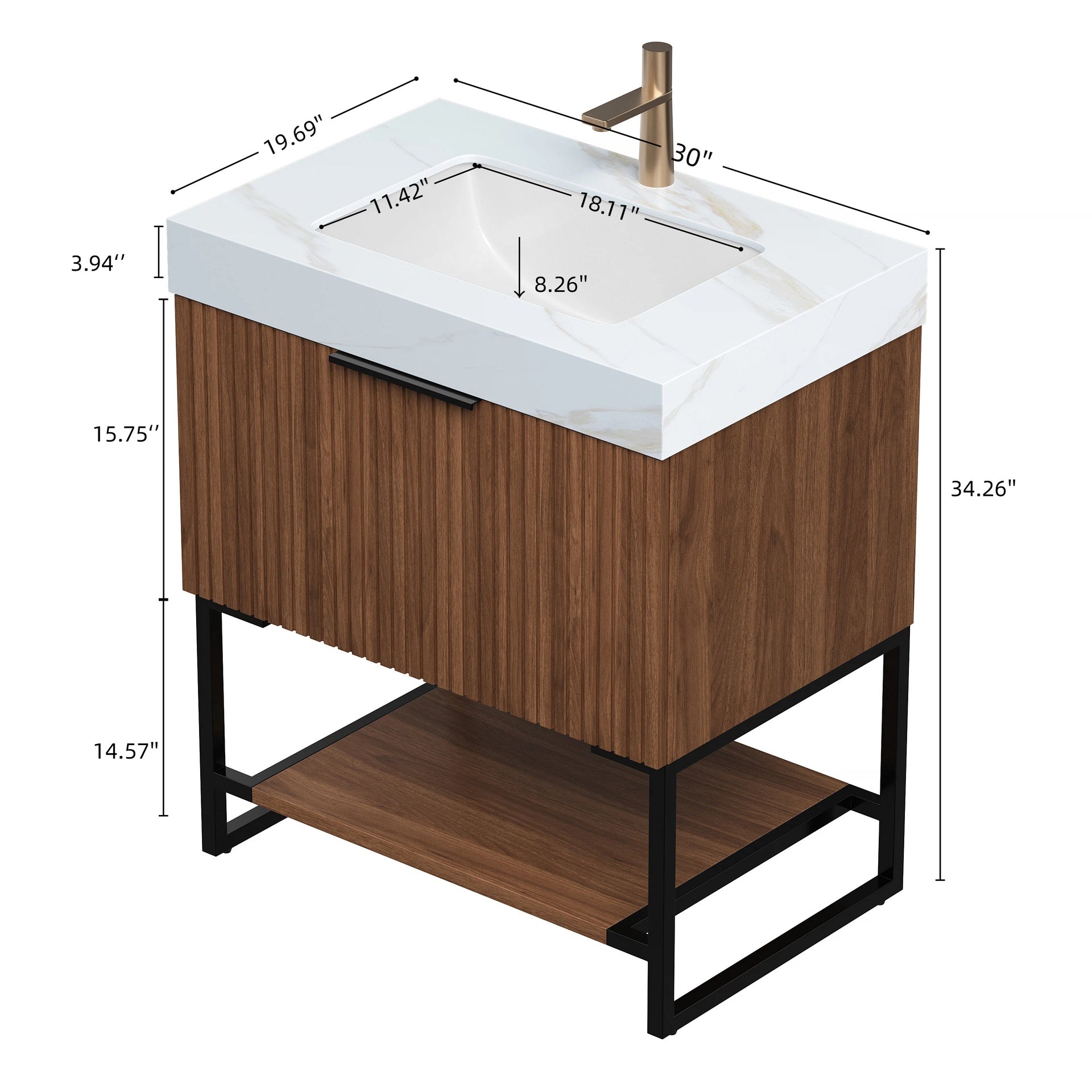 YOLAN 30" Bathroom Vanity&Sink, Freestanding Striped Plywood Storage Cabinet with Drawer&Open Shelf, Calacatta Gold Sintered Stone Top&Undermount Ceramic Basin, Pre-assembled, Dark Walnut Woodgrain