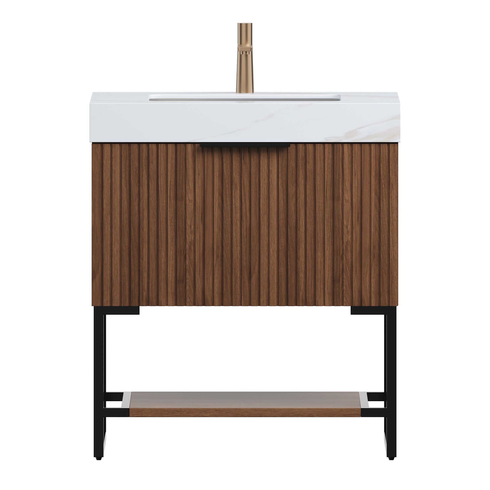 YOLAN 30" Bathroom Vanity&Sink, Freestanding Striped Plywood Storage Cabinet with Drawer&Open Shelf, Calacatta Gold Sintered Stone Top&Undermount Ceramic Basin, Pre-assembled, Dark Walnut Woodgrain