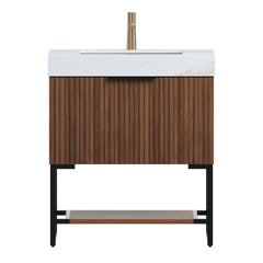 YOLAN 30" Bathroom Vanity&Sink, Freestanding Striped Plywood Storage Cabinet with Drawer&Open Shelf, Calacatta Gold Sintered Stone Top&Undermount Ceramic Basin, Pre-assembled, Dark Walnut Woodgrain