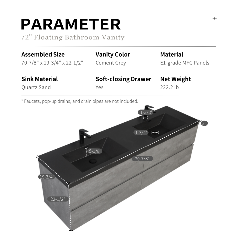 72" Floating Bathroom Vanity with Sink, Wall-Mounted Storage Cabinet with Two Black Quartz Sand Top Basins and Four Soft Close Drawers, Fully Assembled EDI-Series Cement Grey CM-24V12-72GR