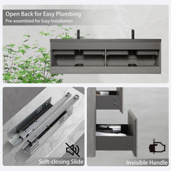 72" Floating Bathroom Vanity with Sink, Wall-Mounted Storage Cabinet with Two Black Quartz Sand Top Basins and Four Soft Close Drawers, Fully Assembled EDI-Series Cement Grey CM-24V12-72GR