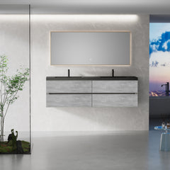 72" Floating Bathroom Vanity with Sink, Wall-Mounted Storage Cabinet with Two Black Quartz Sand Top Basins and Four Soft Close Drawers, Fully Assembled EDI-Series Cement Grey CM-24V12-72GR