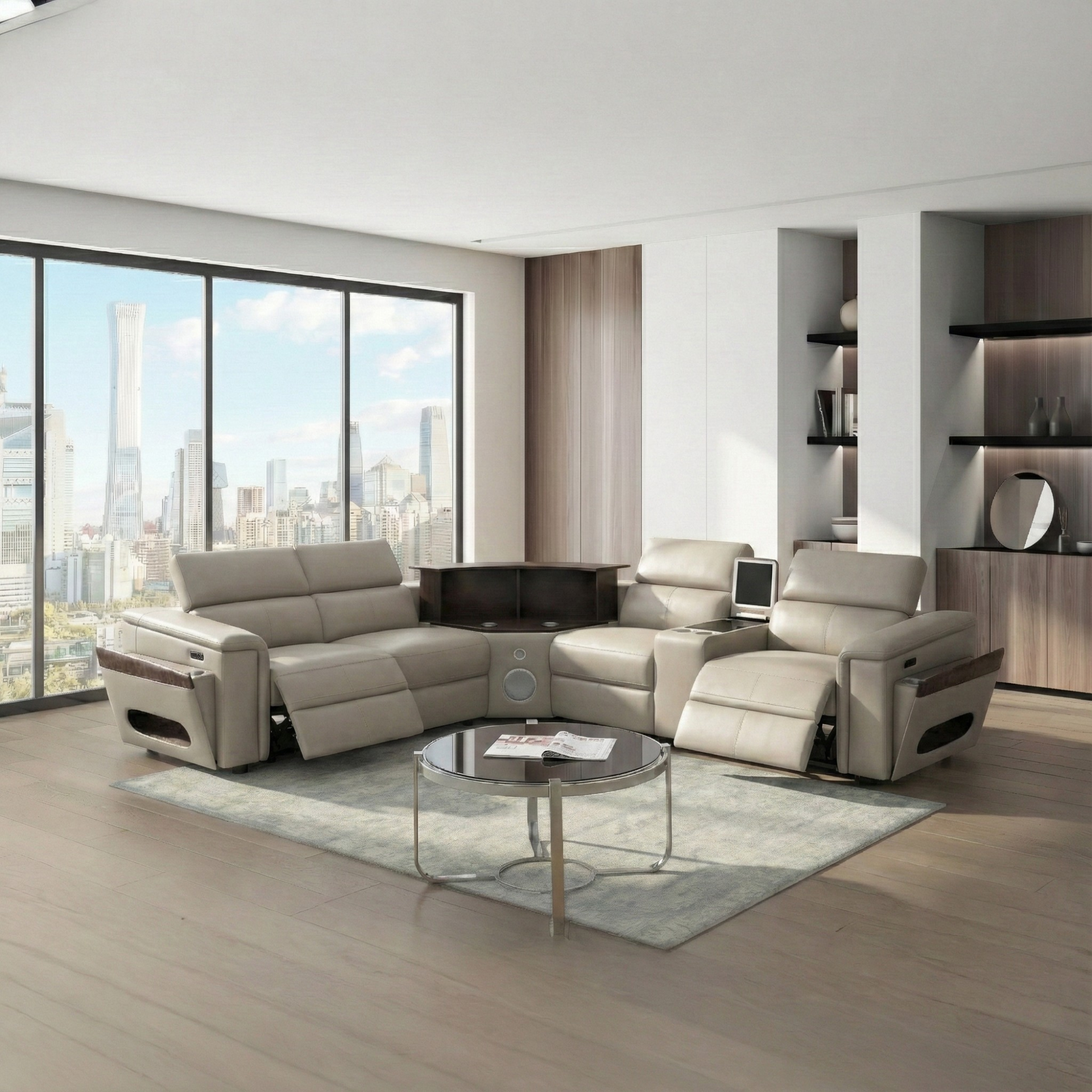 Nova Modern Style Sectional with 1 Console (Fridge), Wedge with Bluetooth speaker, LED and Lifting wine cabinet  - Gray