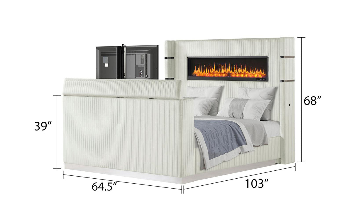 Lavish Modern Style Queen Bed Made with Fireplace in Headboard & TV stand in Footboard with Wood in Beige (CA Inventory)