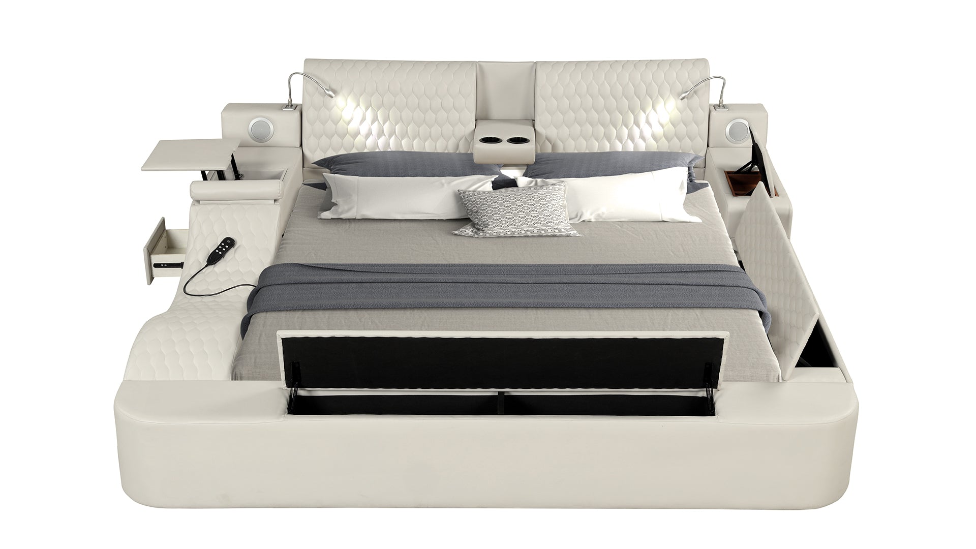 ZOYA Smart Multifunctional Queen Size Bed with Massager Made with Wood and Faux Leather in Beige(California Available Stock)