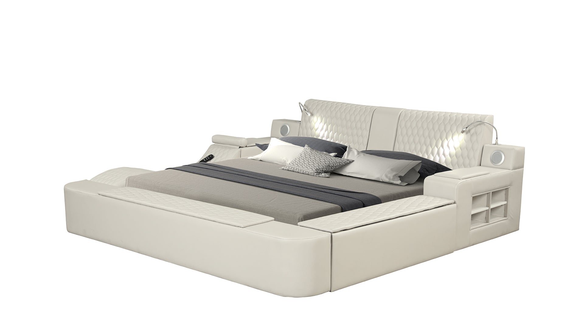 ZOYA Smart Multifunctional Queen Size Bed with Massager Made with Wood and Faux Leather in Beige(California Available Stock)